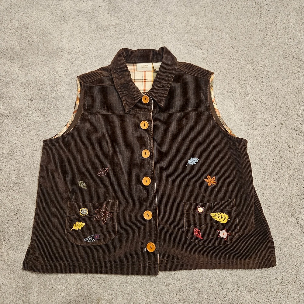 Baxter & Wells Petite Large Brown Corduroy Vest Embroidered Leaves Fall‎